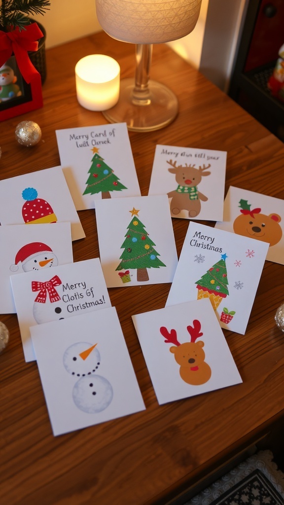 A variety of cute Christmas cards with festive designs on a wooden table.